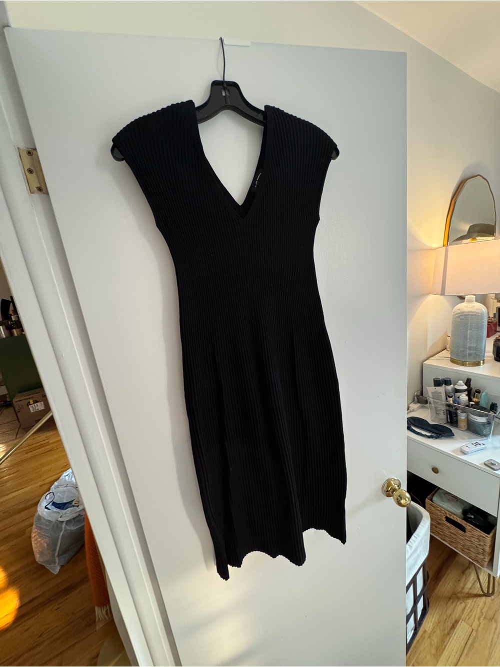 Club Monaco Black Ribbed V-Neck Midi Dress